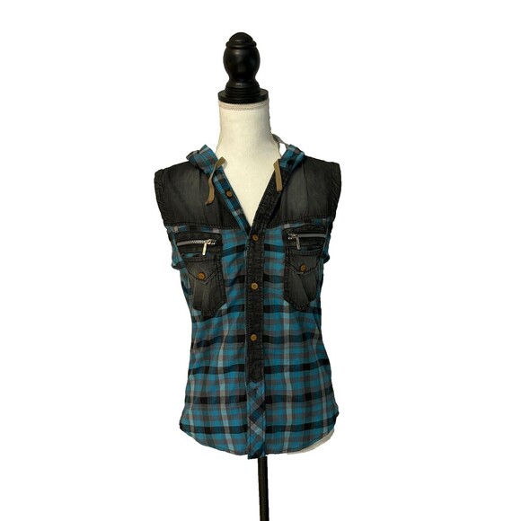Bluette moto/grunge style sleeveless button up shirt w/hoodie size M, pre-loved - Picture 5 of 12